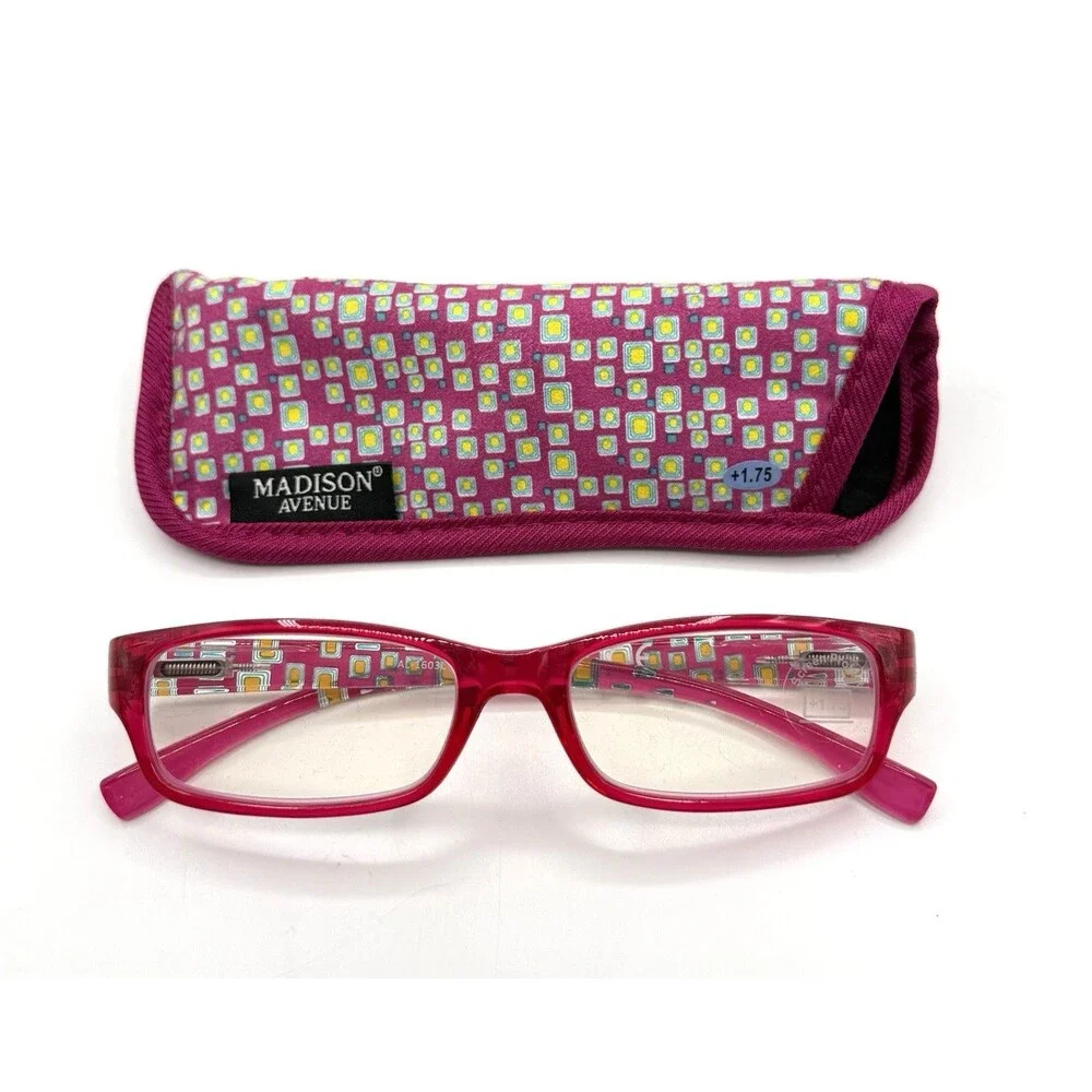 Madison Avenue +1.75 Adult Reading Glasses With Blue Blocker, Case Patterned NEW